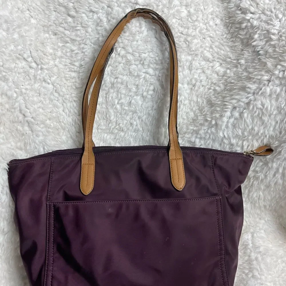 Michael Kors Nylon Aubergine  large tote tan leather straps,gold tone hardwares